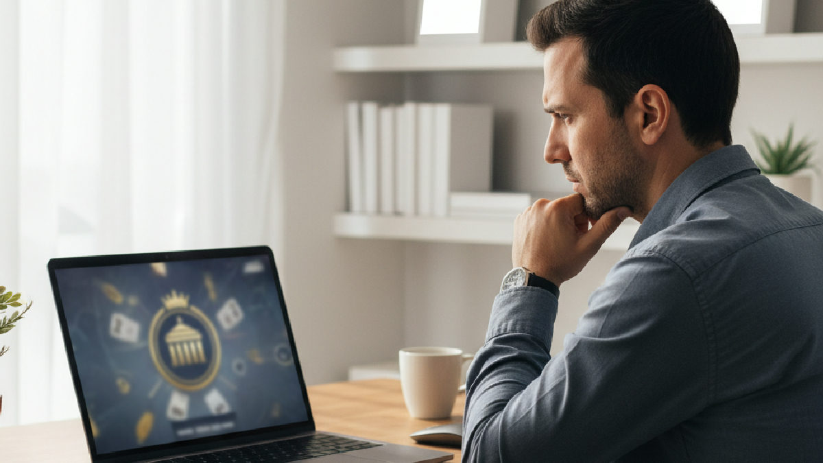 Bir kişi online casino platformunun yasal durumu hakkında bilgi ararken bilgisayar ekranına bakıyor.